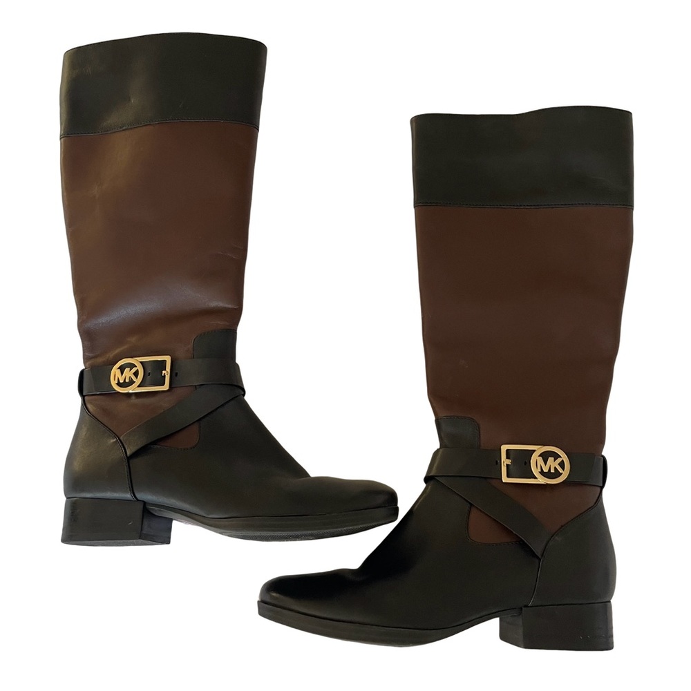 Michael Kors Black and Brown Leather Knee Boots with Gold hardware. Size 6
